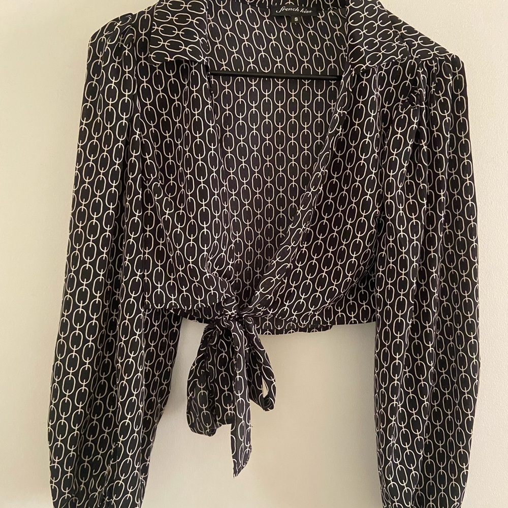 French Kiss Black and White Geometric Tie Blouse